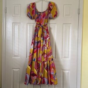 FARM RIO Neon Macaw Yellow Print Tiered Maxi Dress S